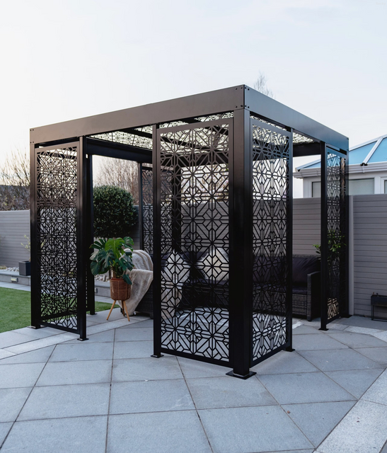 Laser pergola with last cutting top panels, laser cutting wall panels